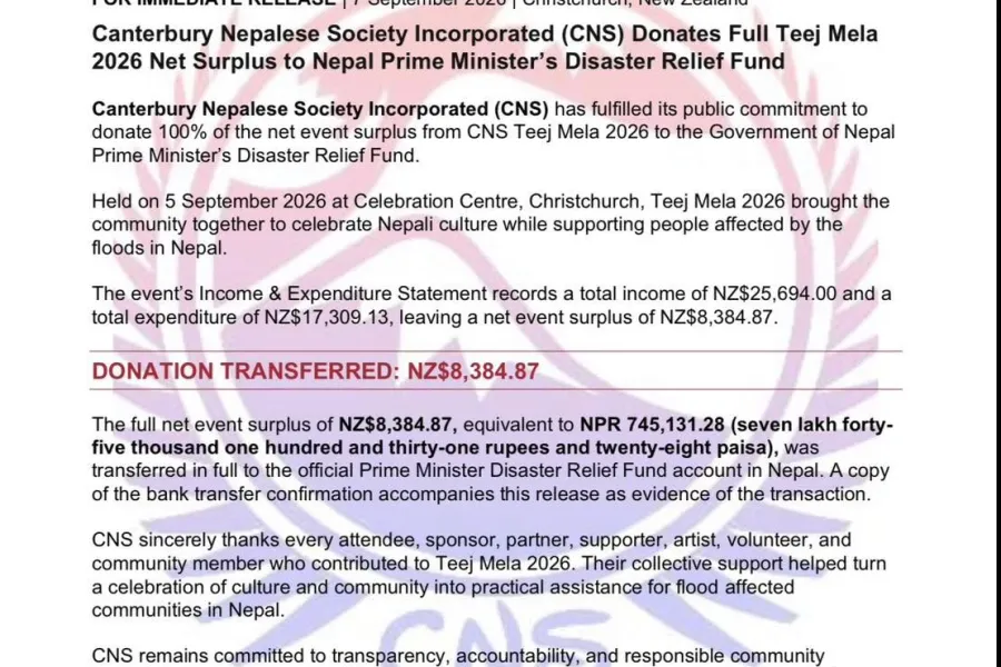 Canterbury Nepalese Society Donates Teej Mela Surplus to Support Flood Victims in Nepal